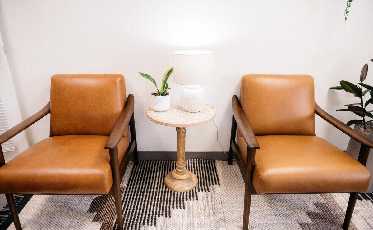 High angle shot of brown chairs with white lamp and a house plant in a table in the living room