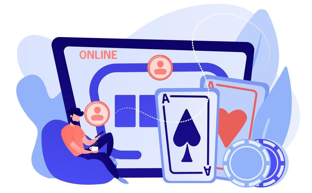 Businessman with smartphone playing poker online and casino table with cards and chips. online poker, internet gambling, online casino rooms concept. pinkish coral bluevector isolated illustration