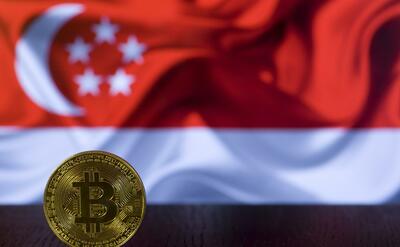 A physical bitcoin coin in front of the Singaporean flag.