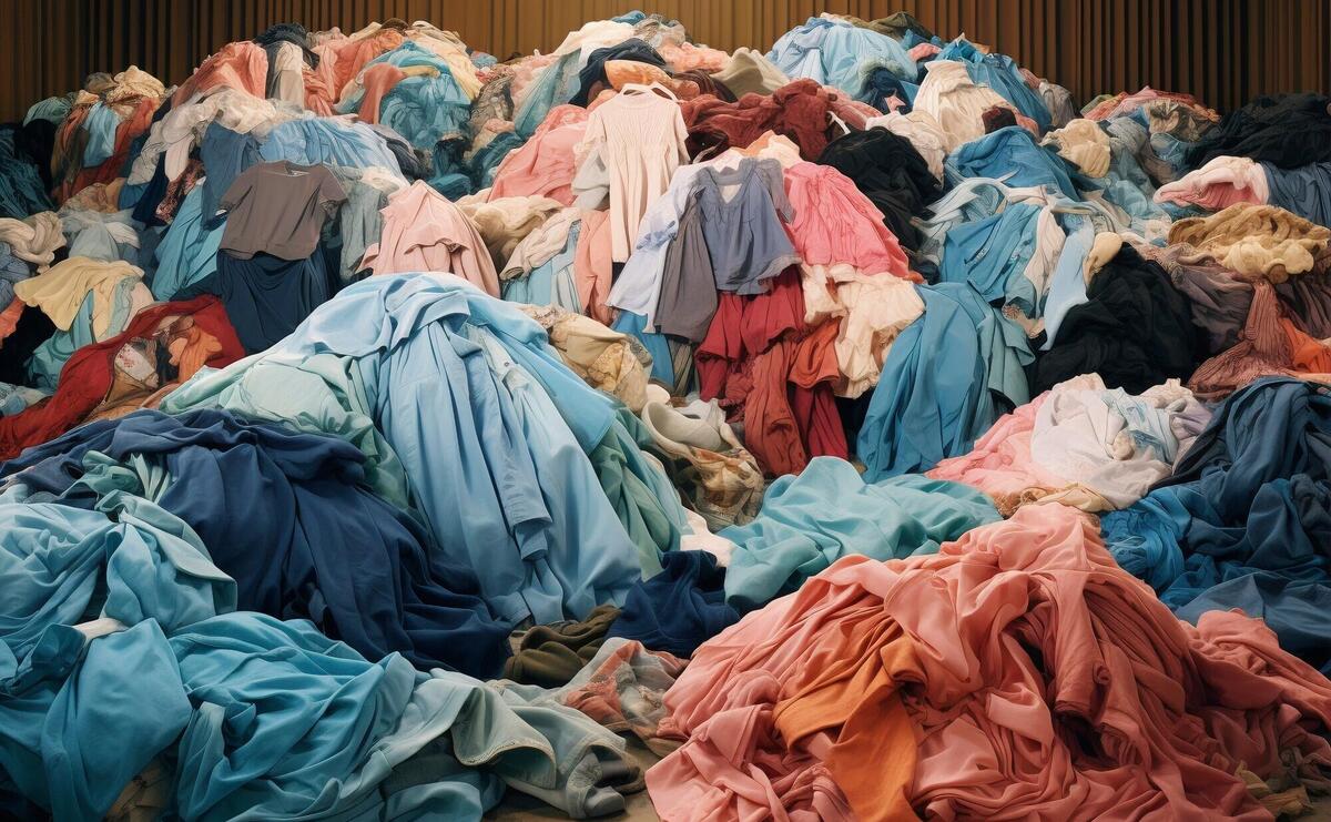 Fast fashion concept with piles of clothes.