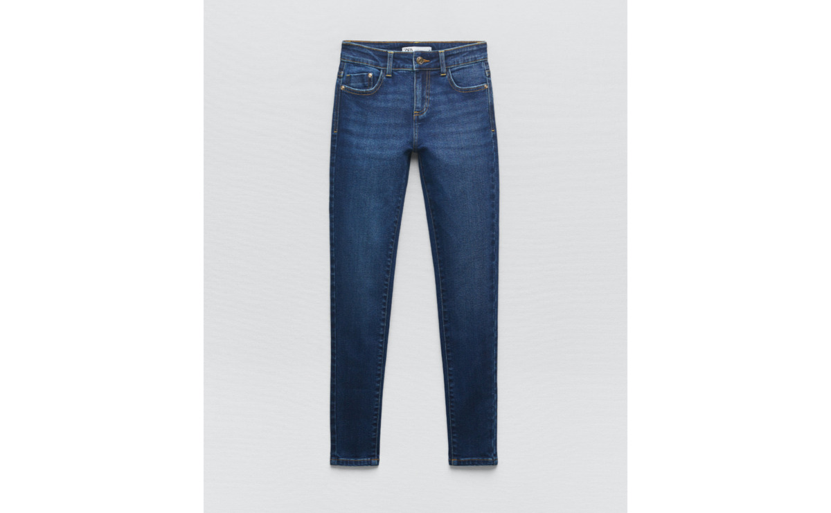 High-waist stretch dark blue jeans.