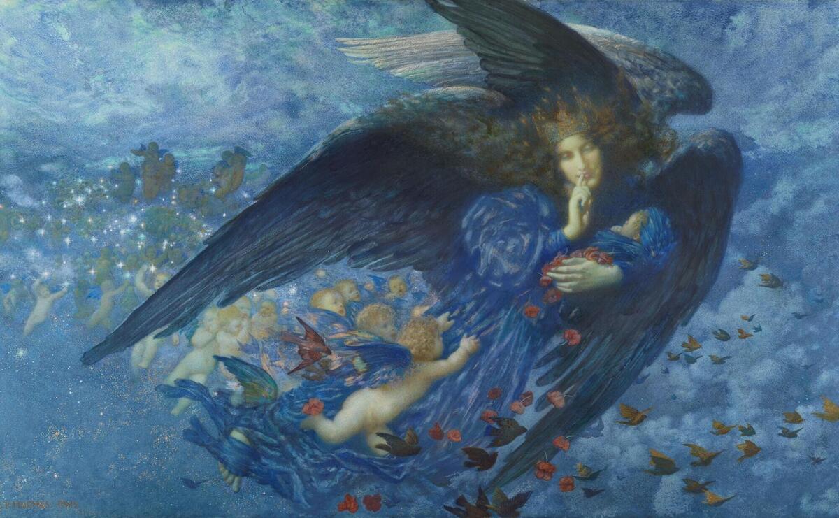 Mystical angel cradling cherubs amidst celestial blue hues.