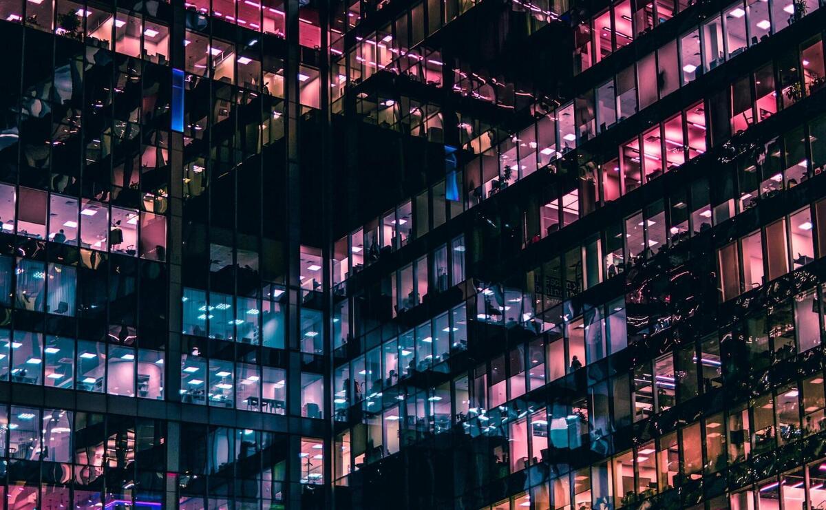 An office building at night.