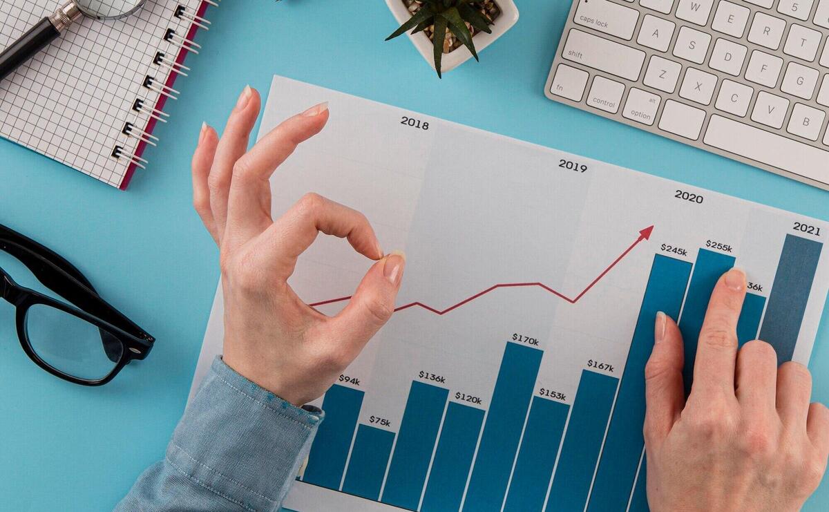 Top view of business items with growth chart and hands giving okay sign