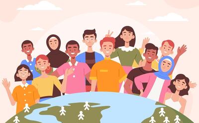 Flat world population day background with planet and people