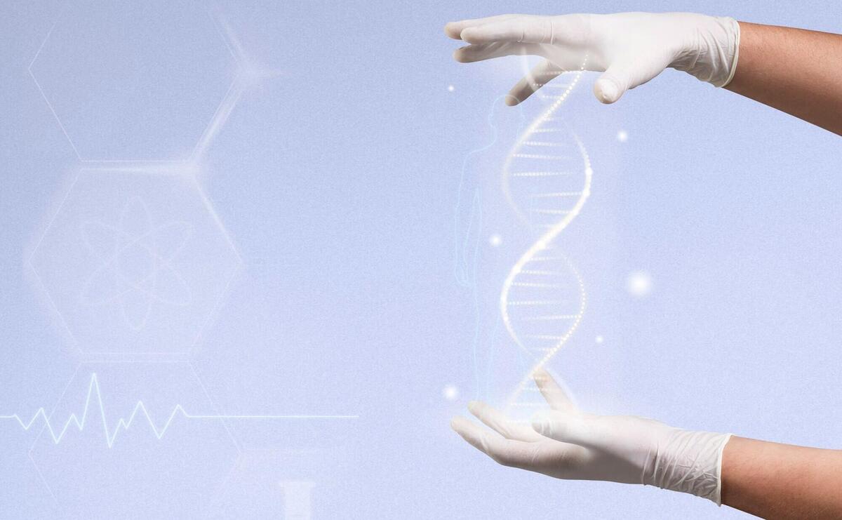 Hands in gloves delicately holding a glowing DNA helix, surrounded by scientific symbols.
