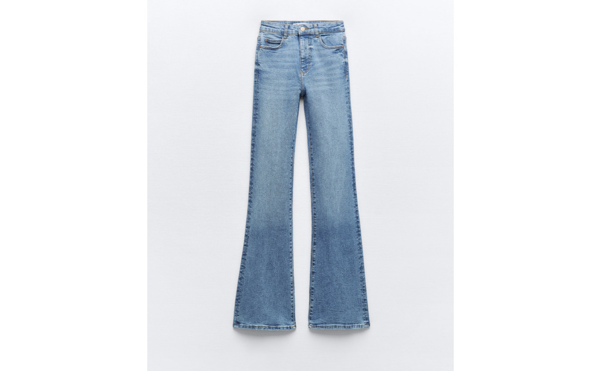 High-waist mid-blue jeans.