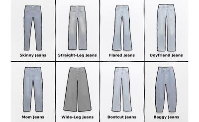 Illustration of 8 different types of jeans.