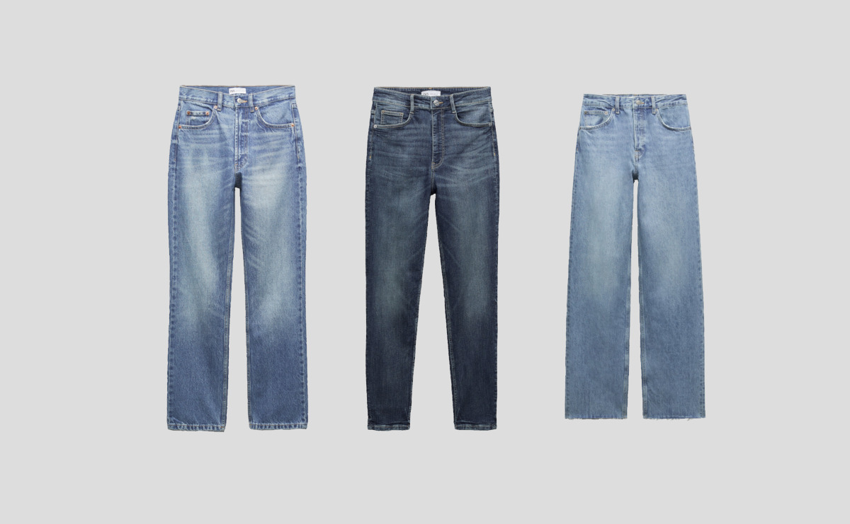Three pairs of jeans for different body shapes.