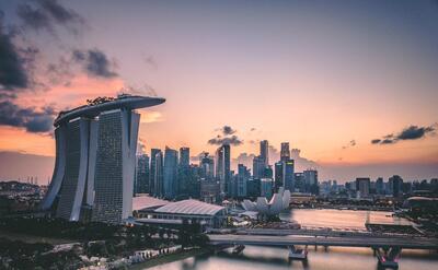 Birds eye view of Singapore during the golden hour.